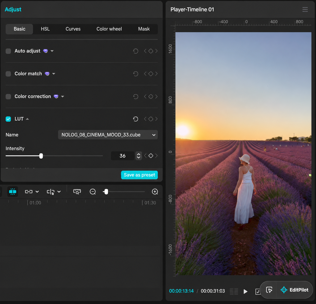 CapCut showing Cinema Mood on an adjustment layer with intensity set to 36 as an example.