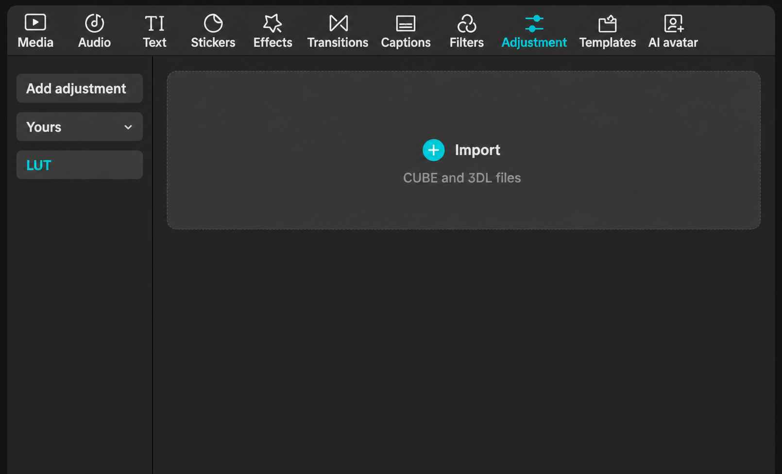 CapCut Desktop showing Adjustment, LUT, and the Import button.