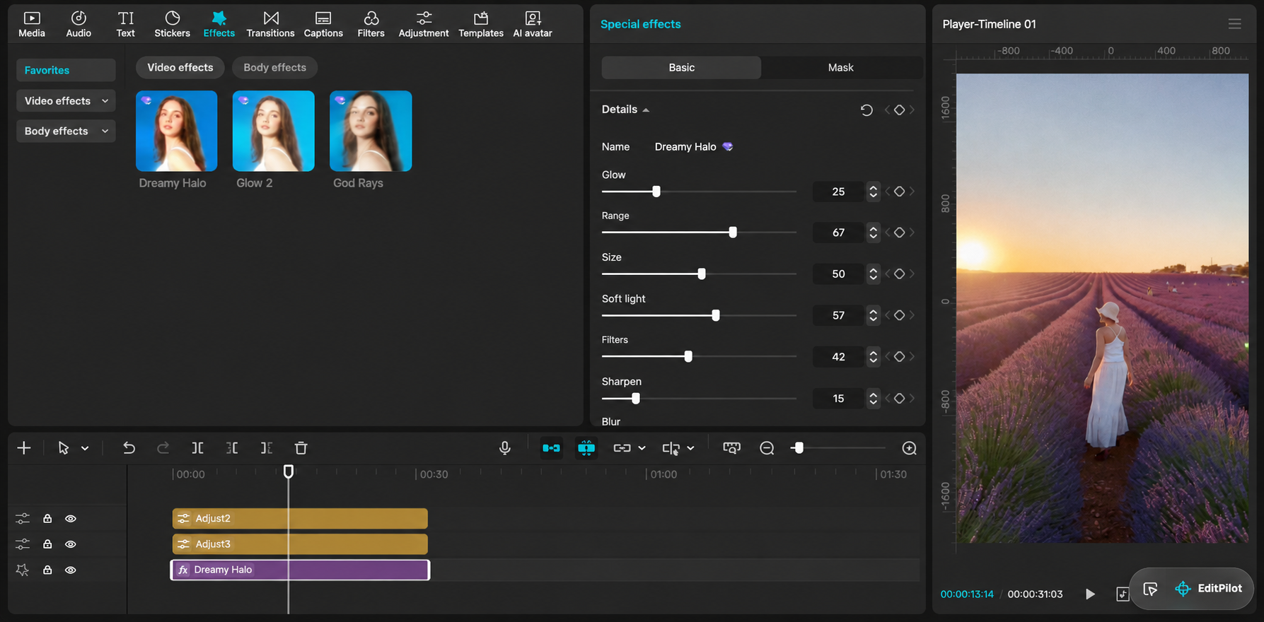 CapCut Dreamy Halo effect settings used to create a soft halation-style glow.