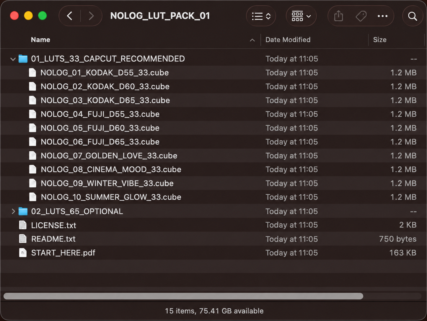 Finder showing the recommended 33 LUT folder and the ten NOLOG LUT files.