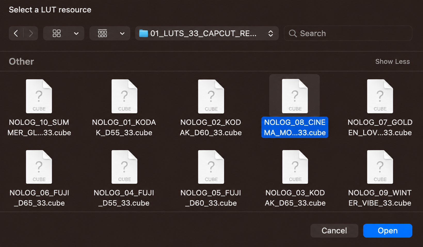 CapCut file picker selecting a NOLOG Cinema Mood 33 cube file.